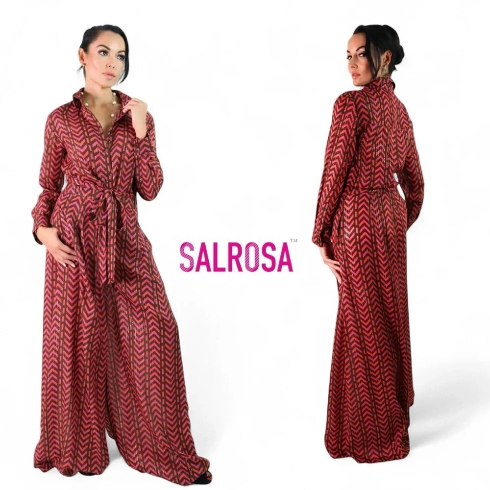 SAL ROSA PRINTED PINK BROWN SHIMMER STRIPE PALAZZO PANTS TOP OUTFIT SET SZ L - Picture 7 of 7